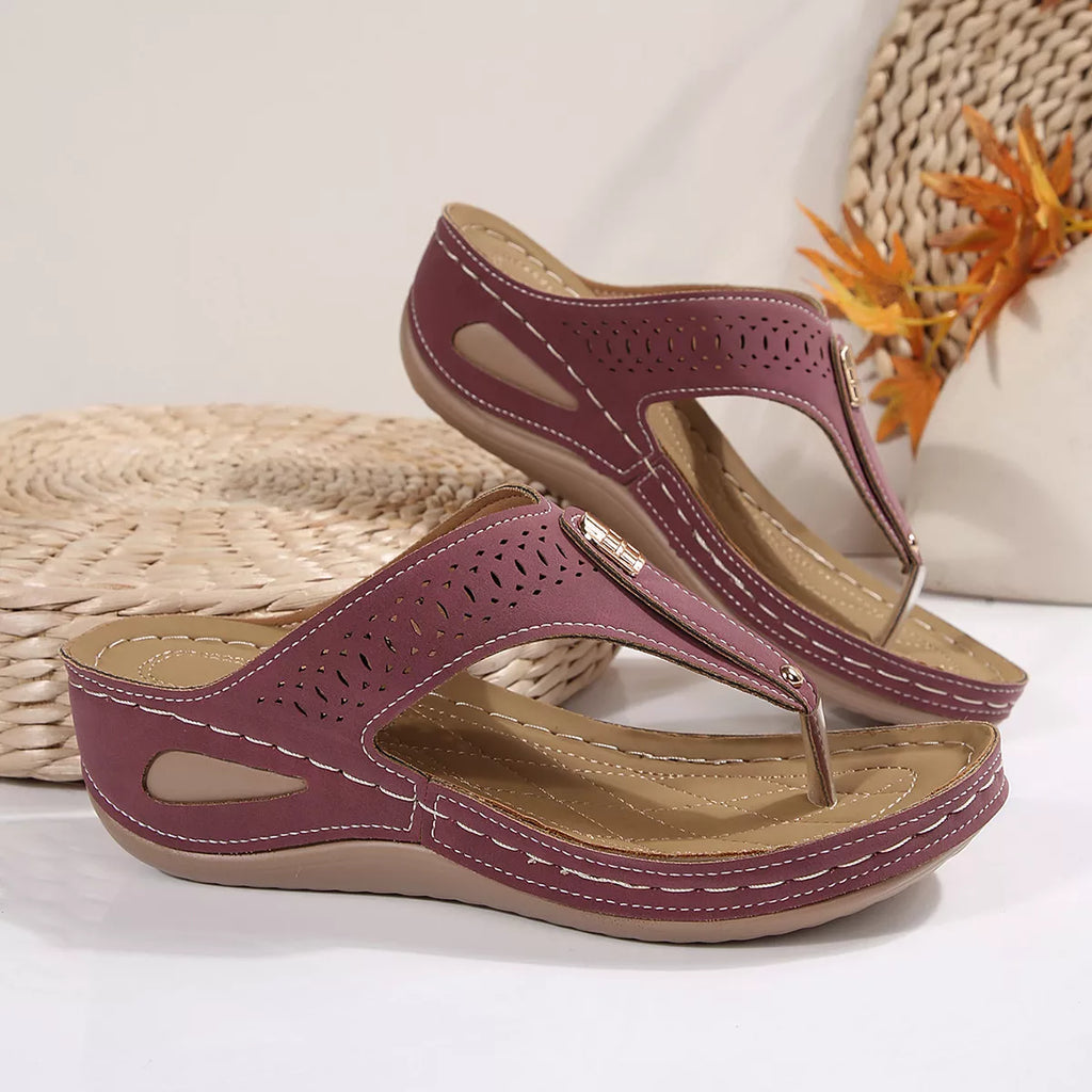 Women's Toe Post Wedge Sandals | PU Leather Low Heel Summer Shoes