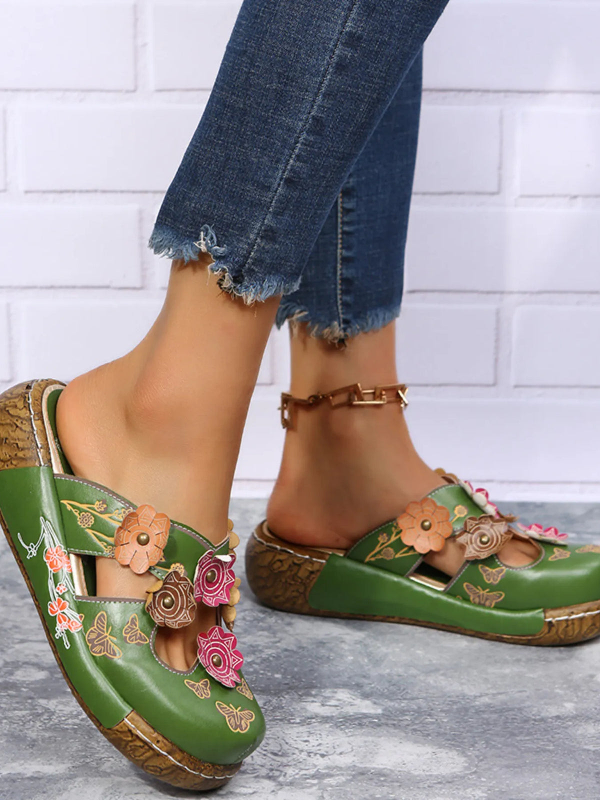 Women's Floral Flat Sandals | PU Leather Open Toe Summer Shoes