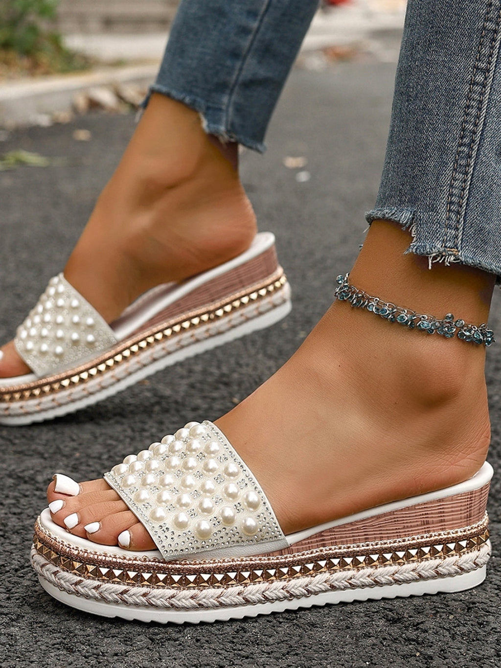 Pearl Embellished Platform Slide Sandals
