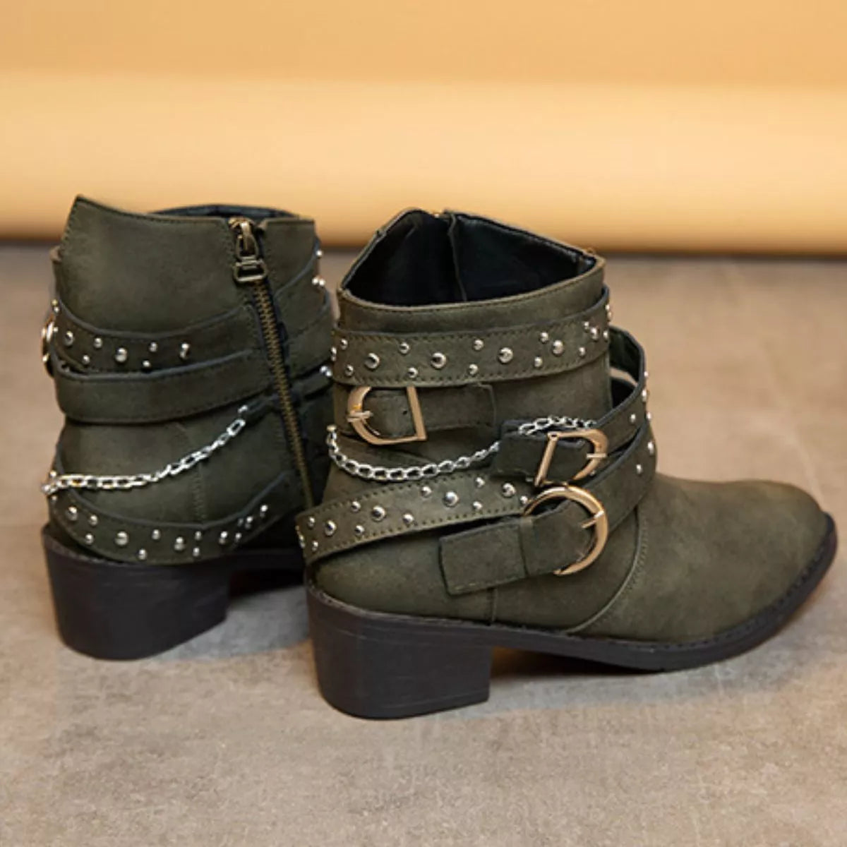 Women's Studded Buckle Ankle Boots – PU Leather Low Heel | 4 Colors