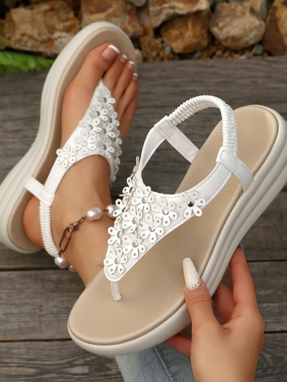 Women's Studded T-Strap Wedge Sandals – Low Heel Edgy Style