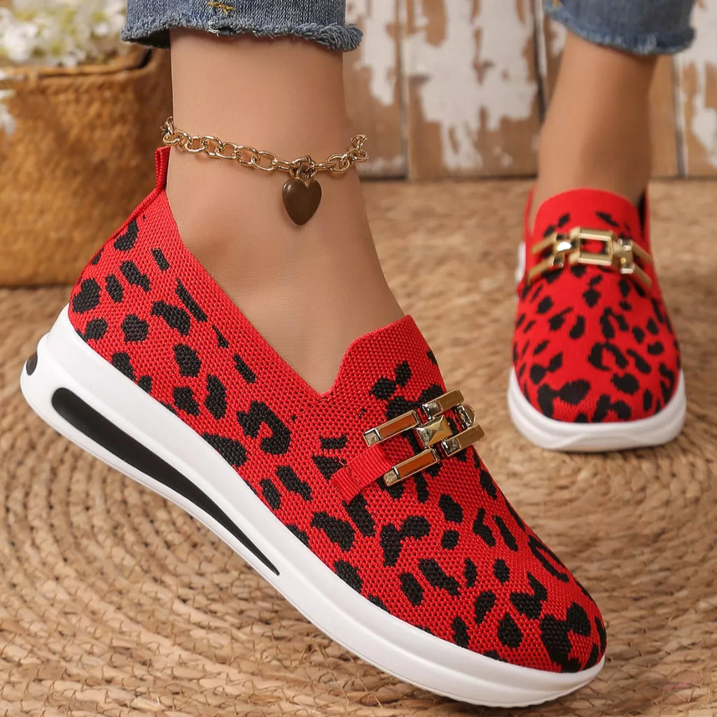 Women's Leopard Print Round Toe Slip-On Sneakers – Breathable Mesh Flats