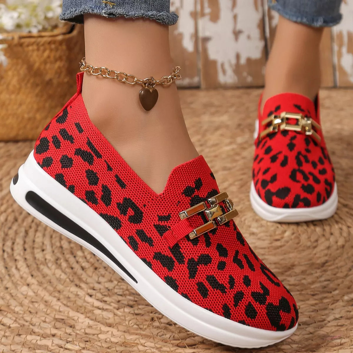 Women's Leopard Print Round Toe Slip-On Sneakers – Breathable Mesh Flats