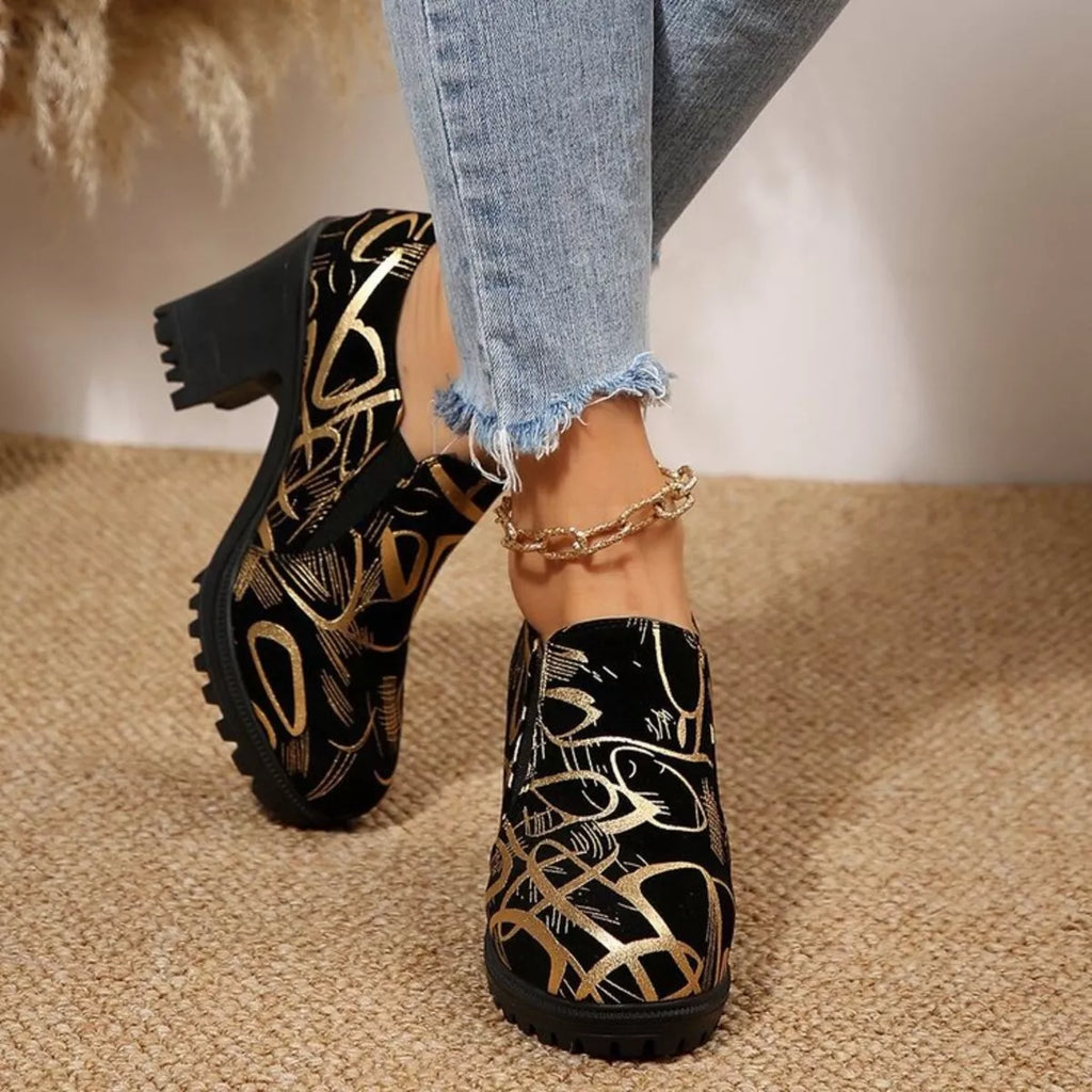 Women's Gold Round Toe Block Heel Pumps – PU Leather High Heels