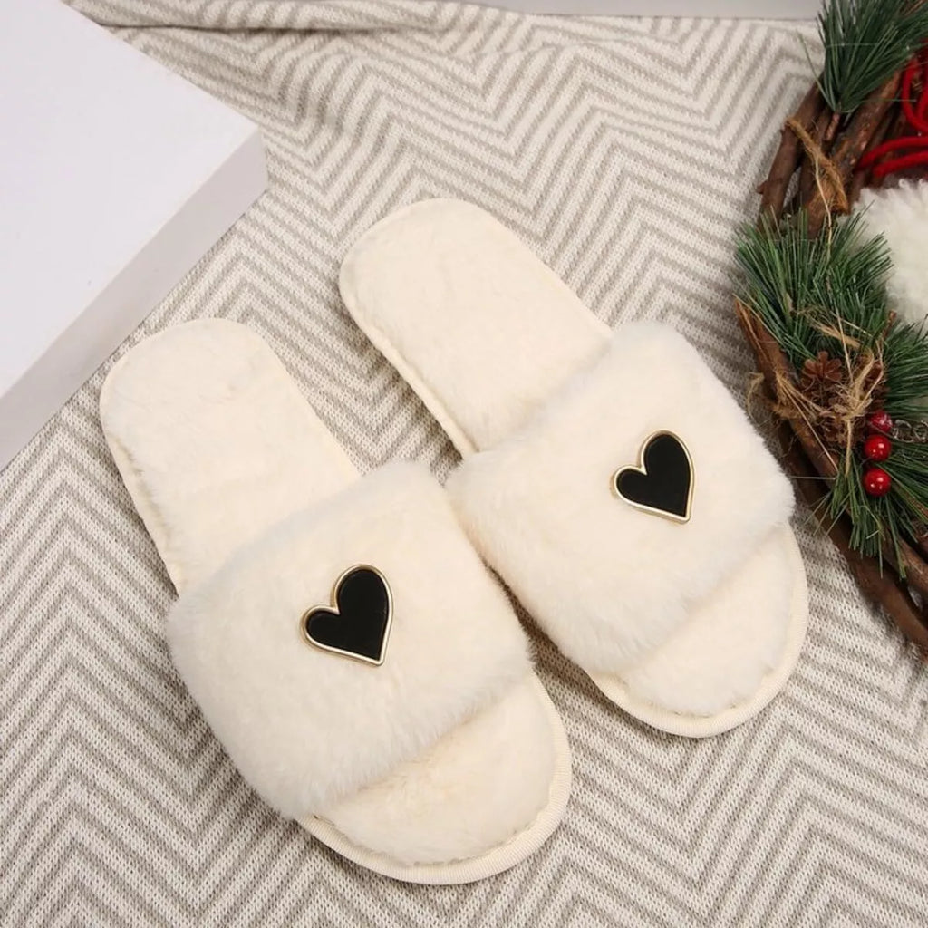 Women's Heart Open Toe Flat Slippers | Fluffy PU Leather Slip-On Sandals in 3 Colors EU 36-43