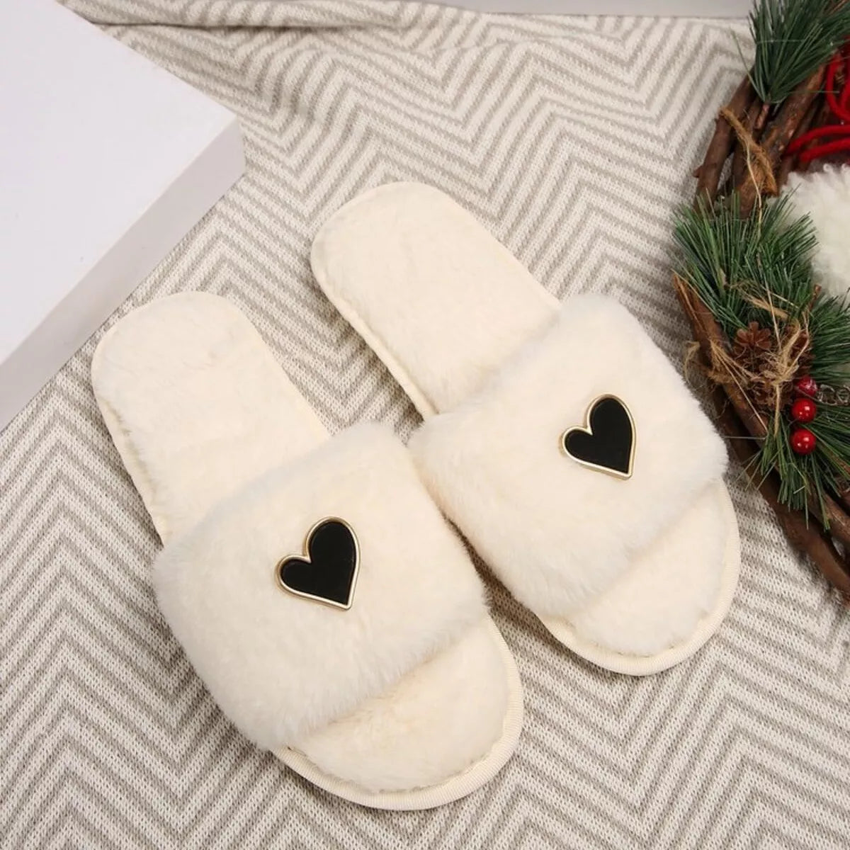 Women's Heart Open Toe Flat Slippers | Fluffy PU Leather Slip-On Sandals in 3 Colors EU 36-43