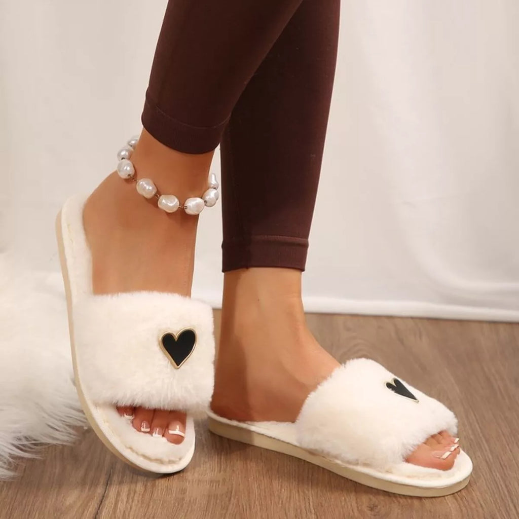 Women's Heart Open Toe Flat Slippers | Fluffy PU Leather Slip-On Sandals in 3 Colors EU 36-43