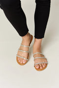 Women's Rhinestone Three-Strap Flat Sandals | Sparkle PU Leather Slides