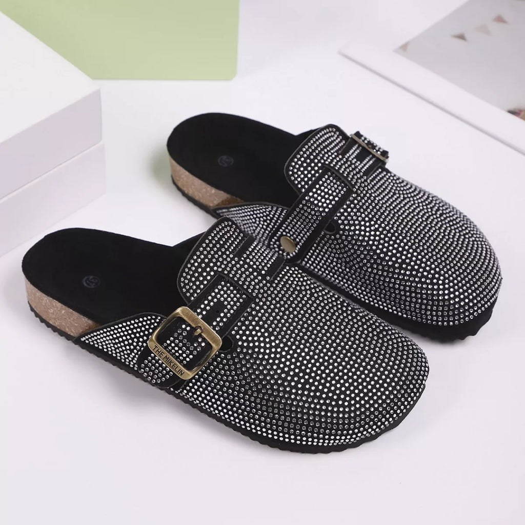 Women's Rhinestone Buckle Accent Slip-Ons | Low Heel PU Leather Shoes
