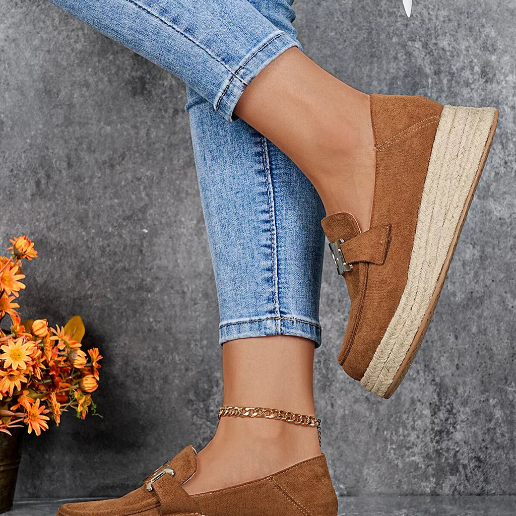 Women’s Round Toe Platform Slip-On Loafers – Suede Flat Shoes | Apricot & Brown