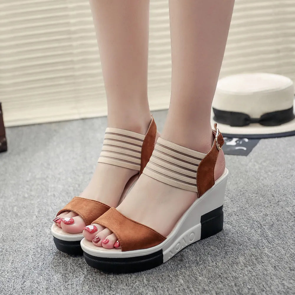 Women's Contrast Platform Wedge Sandals – Mid Heel Mesh & Suede