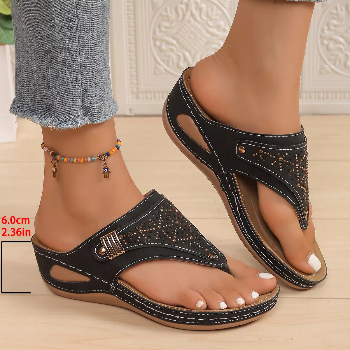 Women's Toe Post Wedge Sandals | Rhinestone Mid Heel Summer Shoes