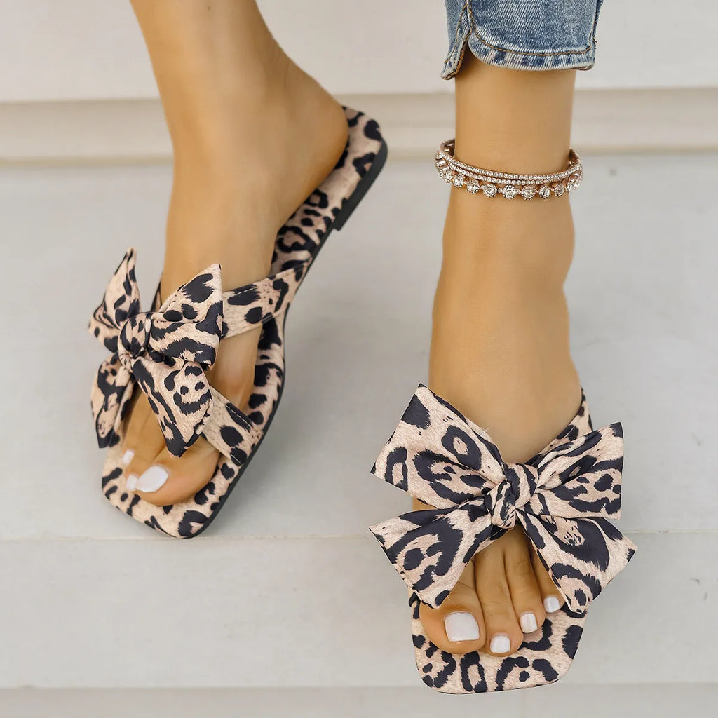 Women's Leopard Print Bow Flat Sandals – Open Toe Ankle Strap