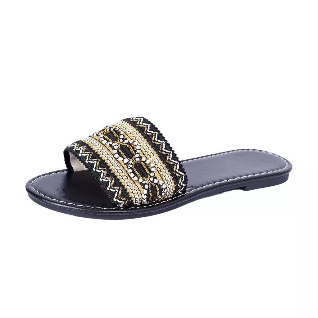 Women's Open Toe Flat Sandals – Polyester Slip-On Mules in White & Black
