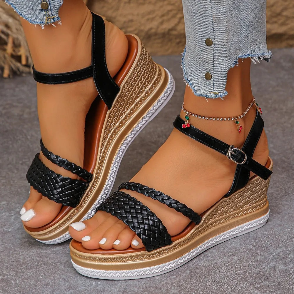 Women's Woven Espadrille Wedge Sandals – Mid Heel PU Leather