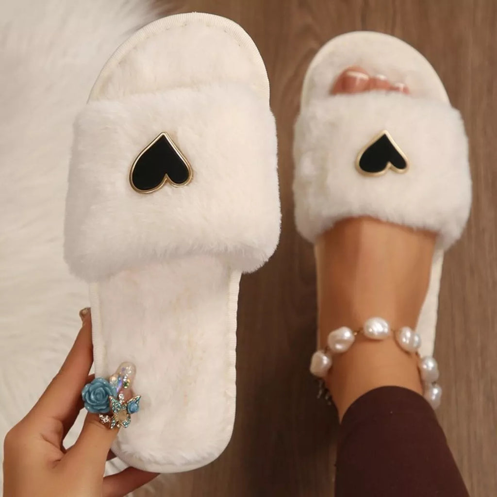 Women's Heart Open Toe Flat Slippers | Fluffy PU Leather Slip-On Sandals in 3 Colors EU 36-43