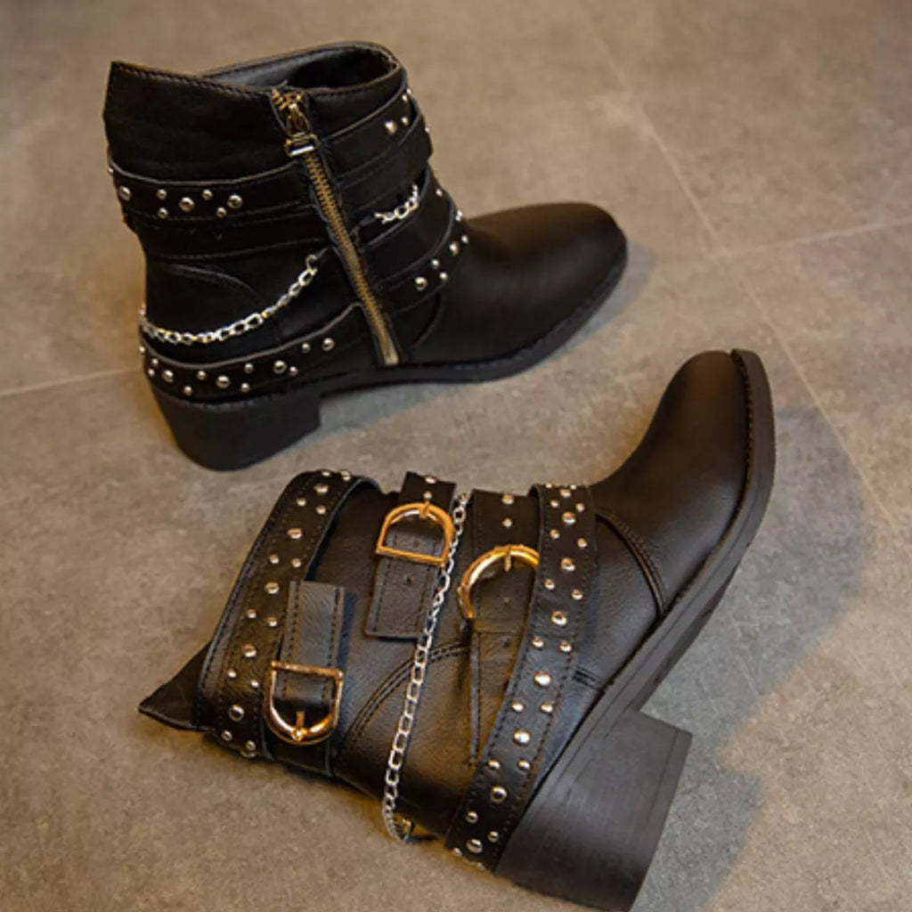 Women's Studded Buckle Ankle Boots – PU Leather Low Heel | 4 Colors