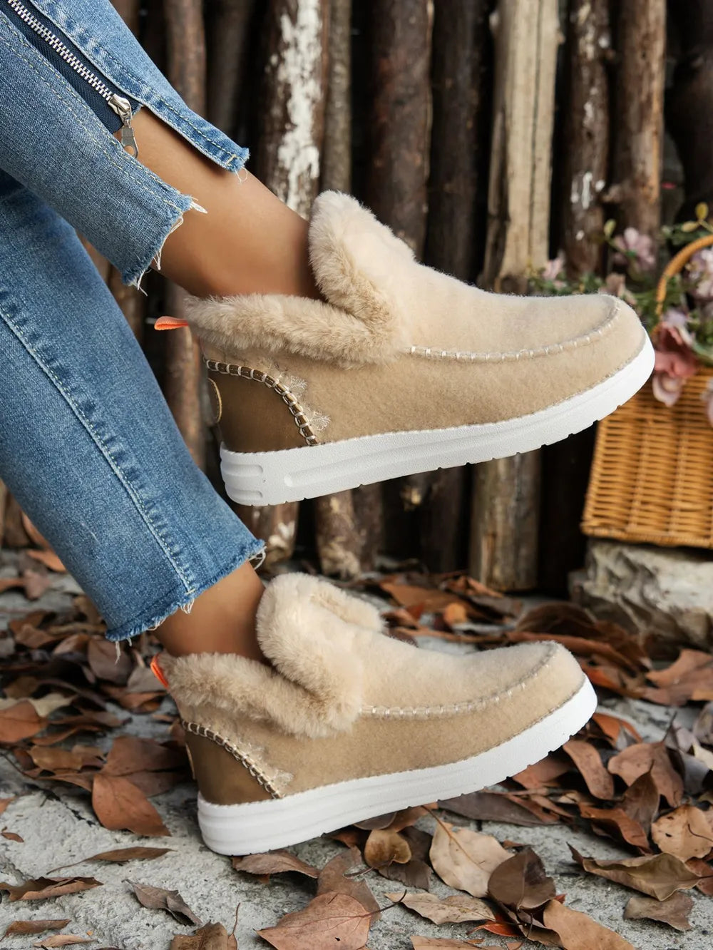Women's Furry Suede Round Toe Flat Sneakers | Faux Fur Casual Shoes