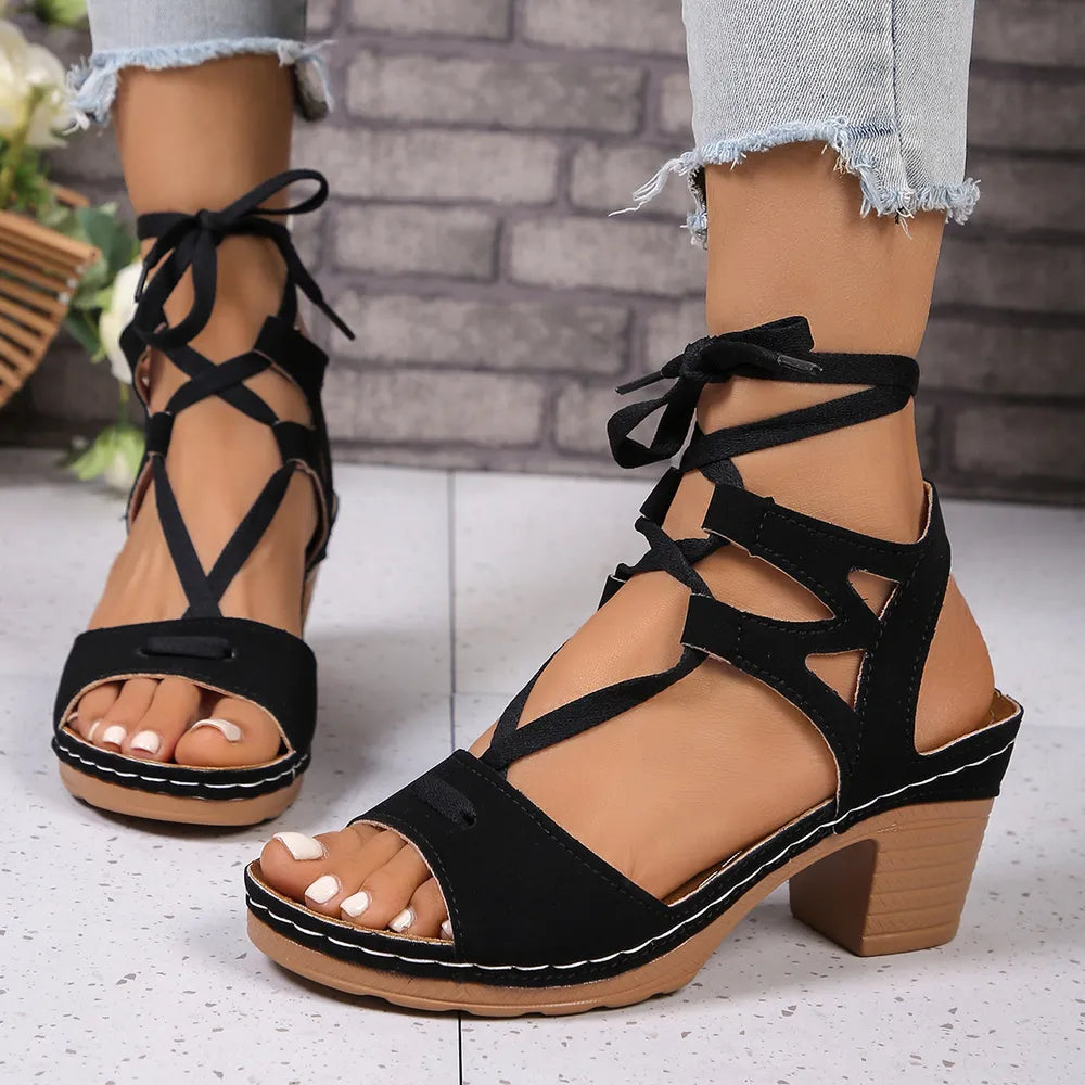 Women's Lace-Up Block Heel Sandals – Mid Heel PU Leather