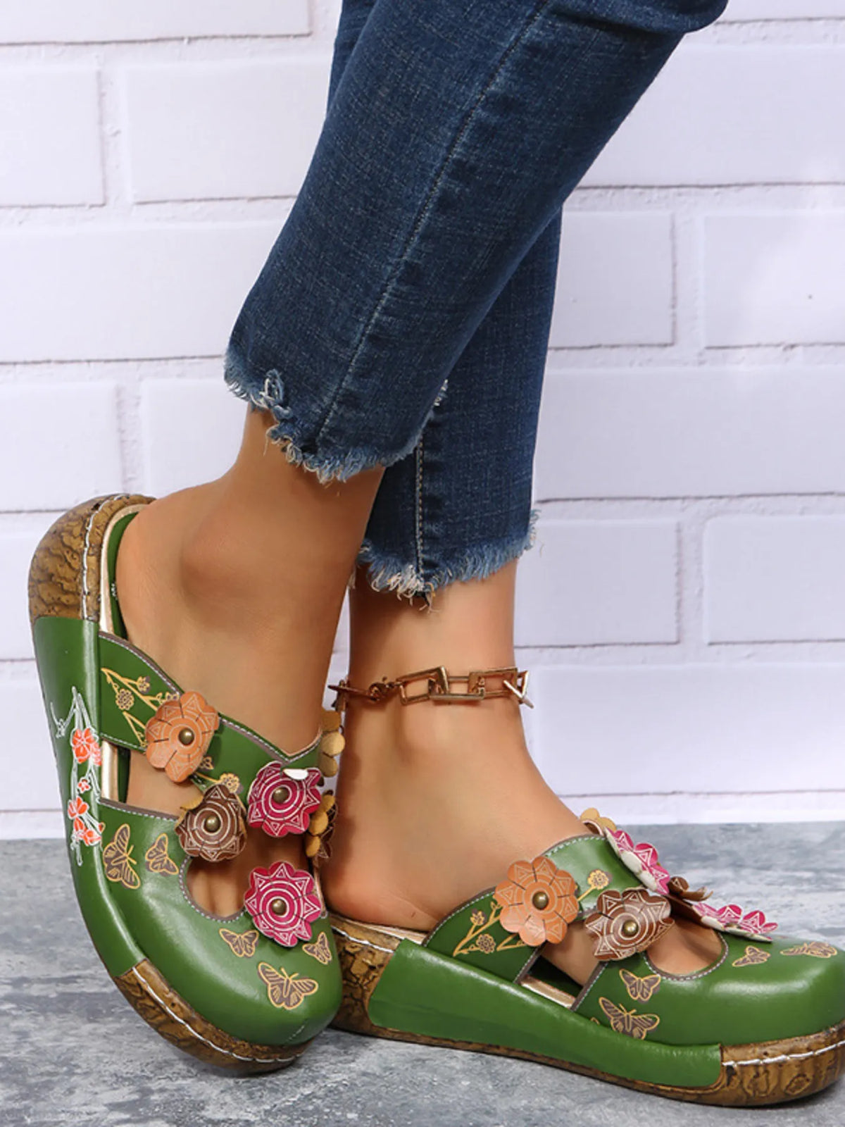 Women's Floral Flat Sandals | PU Leather Open Toe Summer Shoes