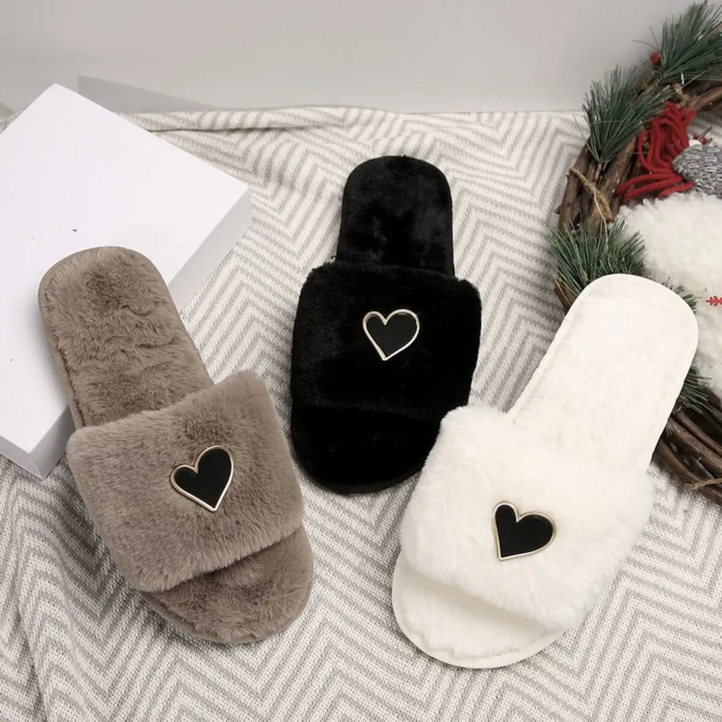 Women's Heart Open Toe Flat Slippers | Fluffy PU Leather Slip-On Sandals in 3 Colors EU 36-43