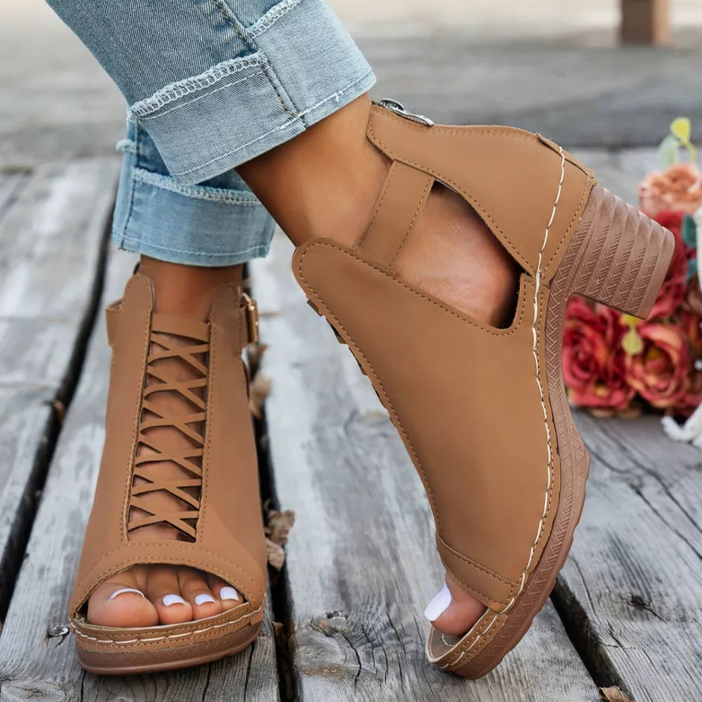 Women's Buckle Block Heel Sandals – Mid Heel PU Leather