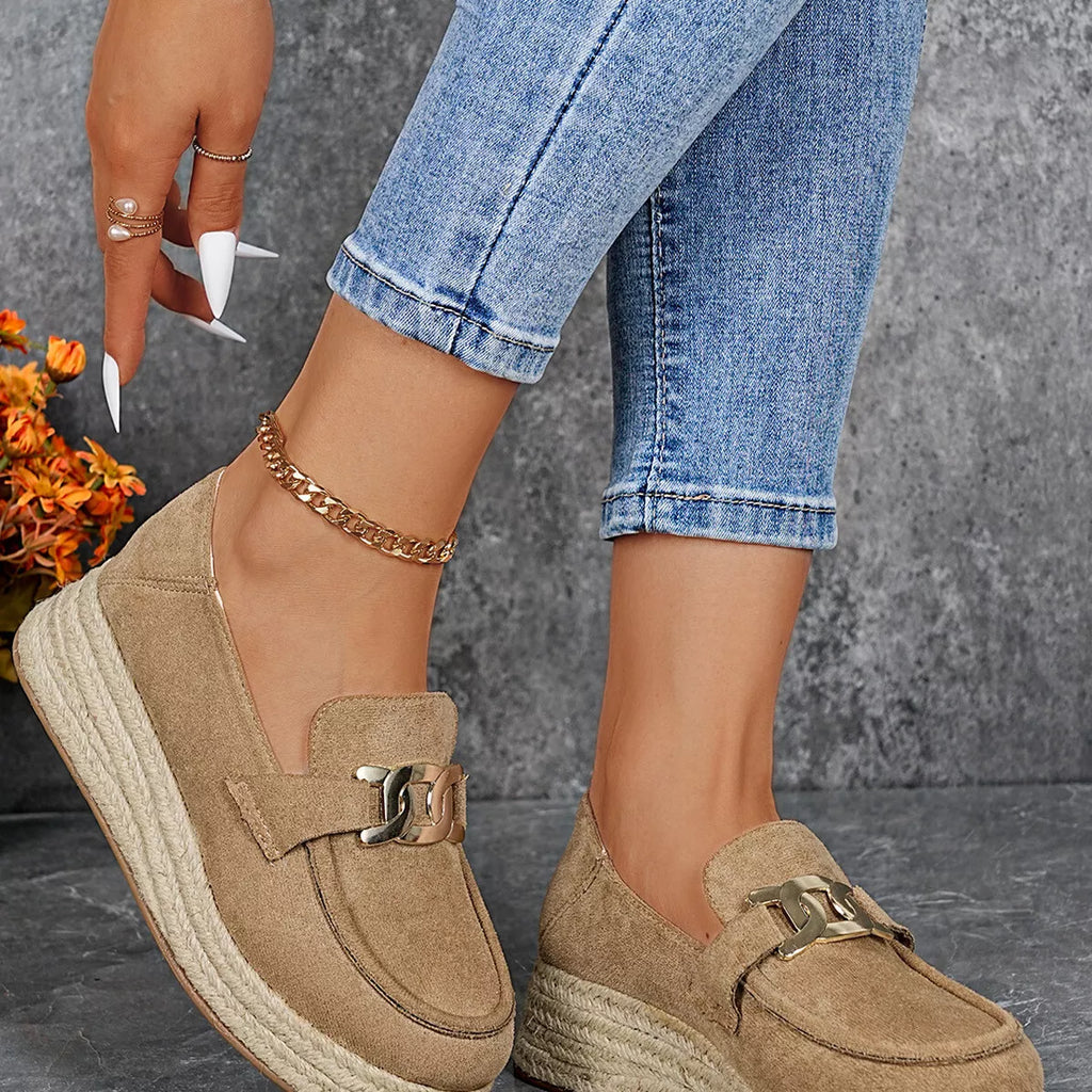 Women’s Round Toe Platform Slip-On Loafers – Suede Flat Shoes | Apricot & Brown