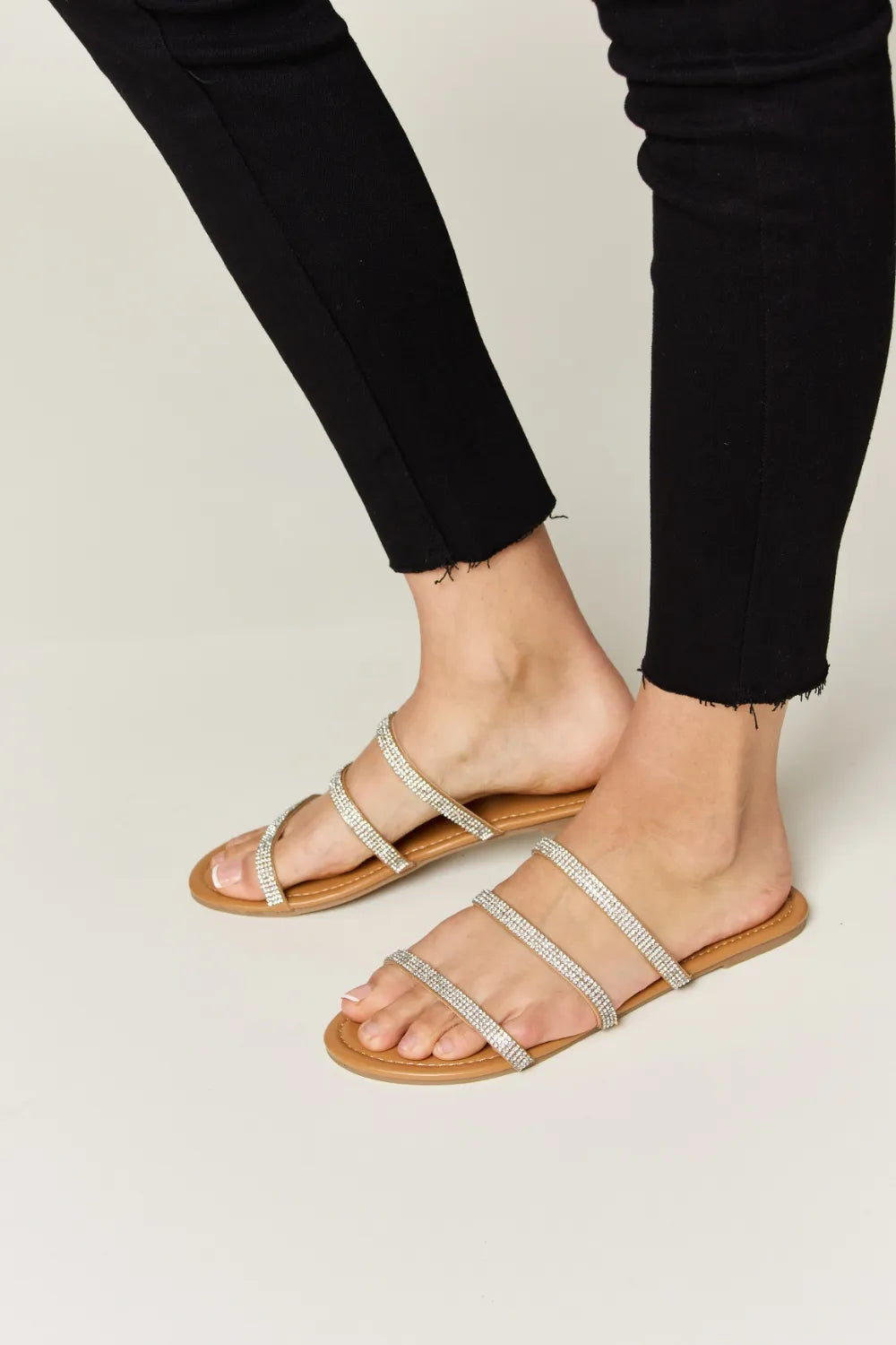 Women's Rhinestone Three-Strap Flat Sandals | Sparkle PU Leather Slides