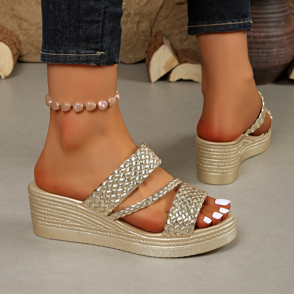 Women's Open Toe Wedge Sandals | PU Leather Mid Heel Platform Shoes
