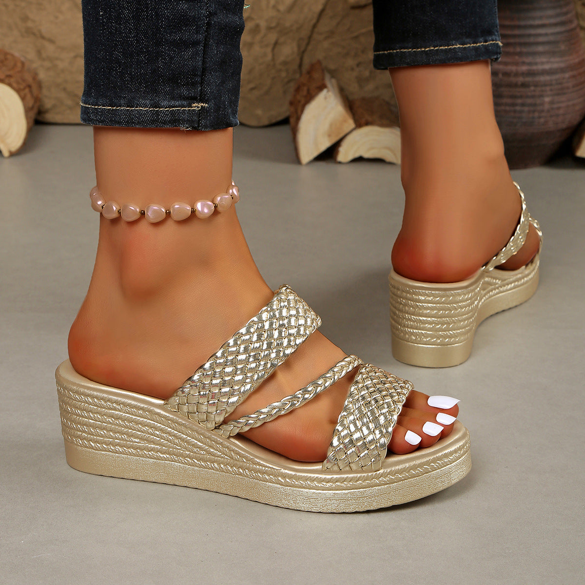 Women's Open Toe Wedge Sandals | PU Leather Mid Heel Platform Shoes