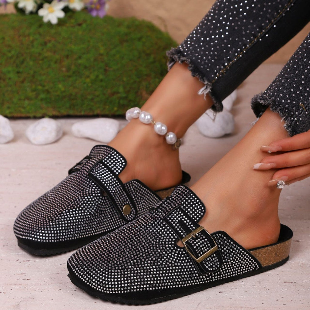 Women's Rhinestone Buckle Accent Slip-Ons | Low Heel PU Leather Shoes
