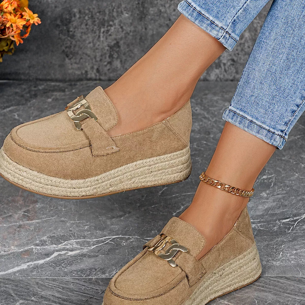 Women’s Round Toe Platform Slip-On Loafers – Suede Flat Shoes | Apricot & Brown