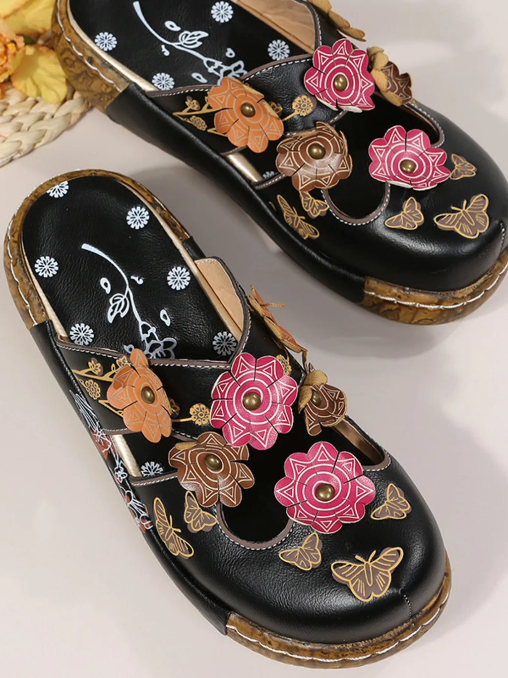 Women's Floral Flat Sandals | PU Leather Open Toe Summer Shoes