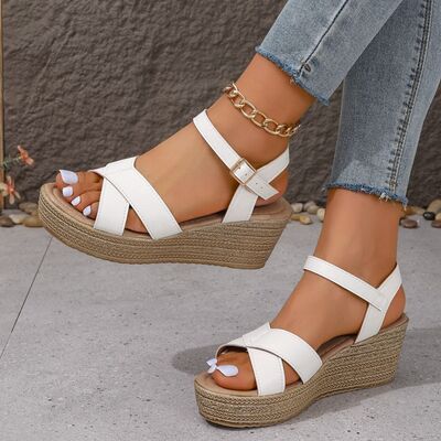 Women's Open Toe Wedge Sandals – Mid Heel PU Leather
