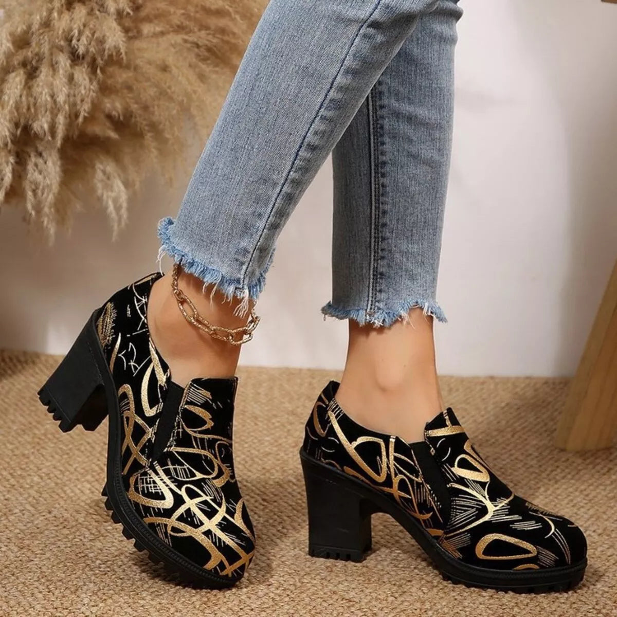 Women's Gold Round Toe Block Heel Pumps – PU Leather High Heels