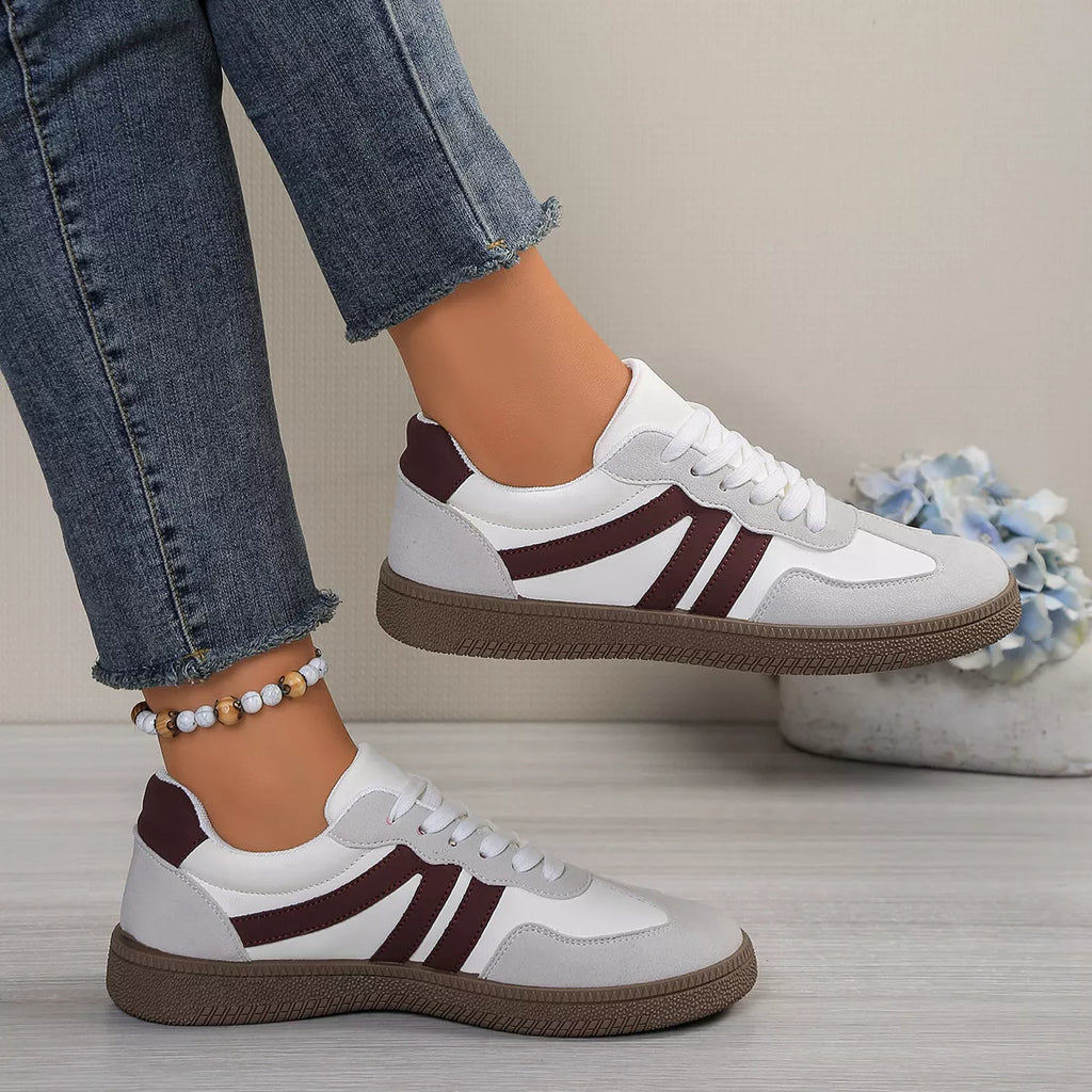 Women’s Striped Lace-Up Casual Sneakers – Suede Flat Fashion Shoes | Brown & Pink