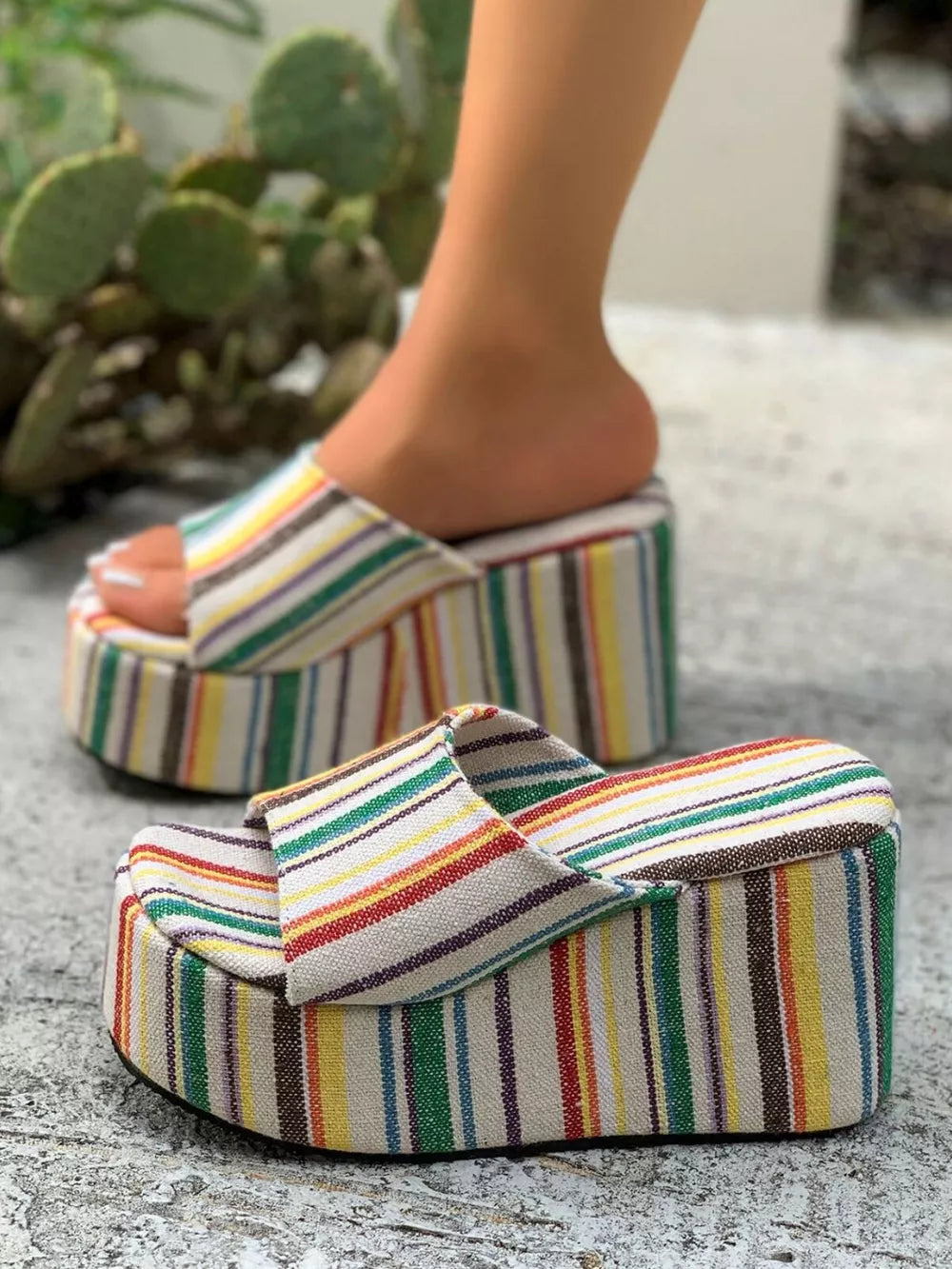 Women's Striped Platform Wedge Sandals – High Heel Canvas & PU