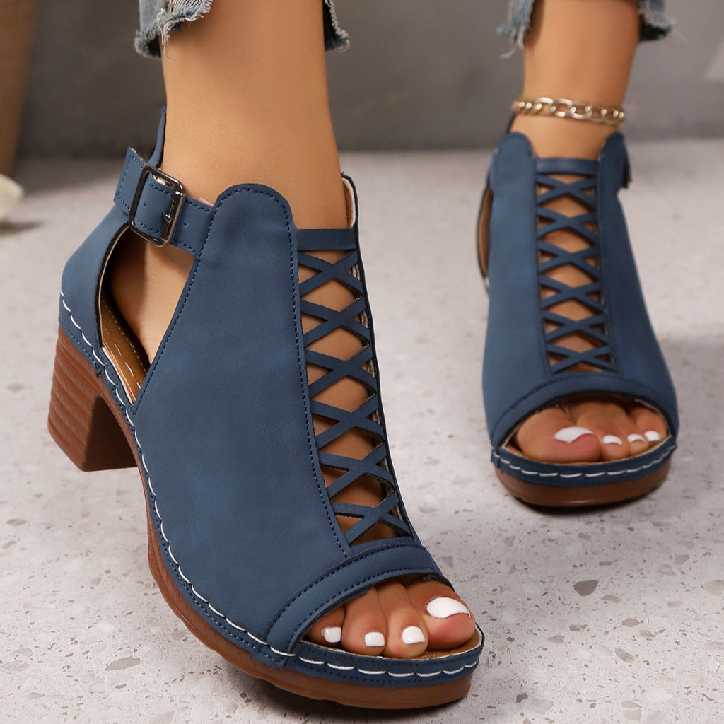 Women's Open Toe Block Heel Sandals | PU Leather High Heel Shoes