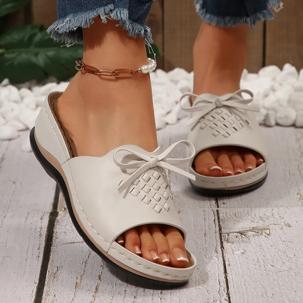 Women's Open Toe Low Wedge Sandals – Casual PU Leather