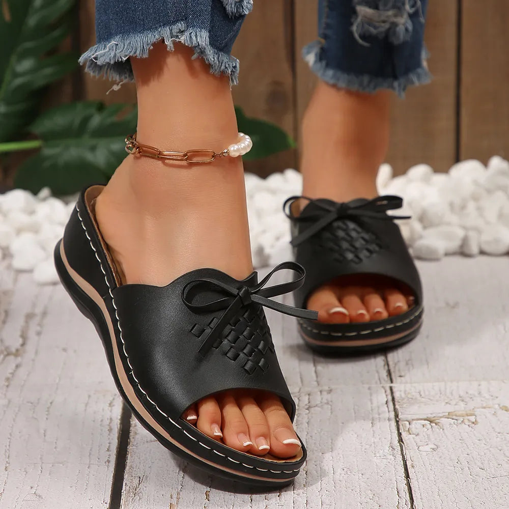Women's Open Toe Low Wedge Sandals – Casual PU Leather