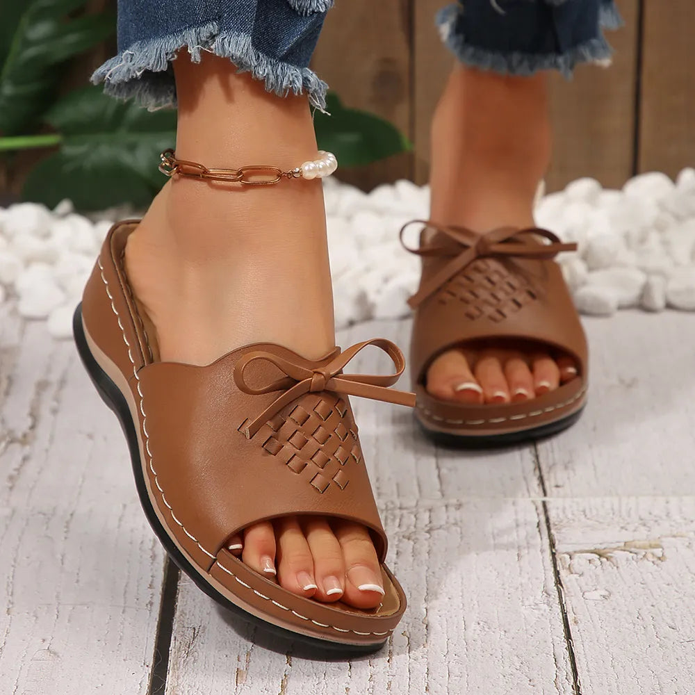 Women's Open Toe Low Wedge Sandals – Casual PU Leather