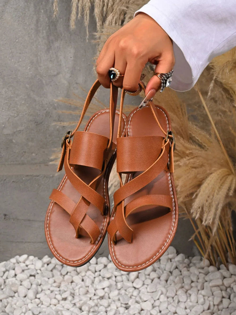Women's Leather Buckle Flat Sandals – Adjustable Strap Slip-On