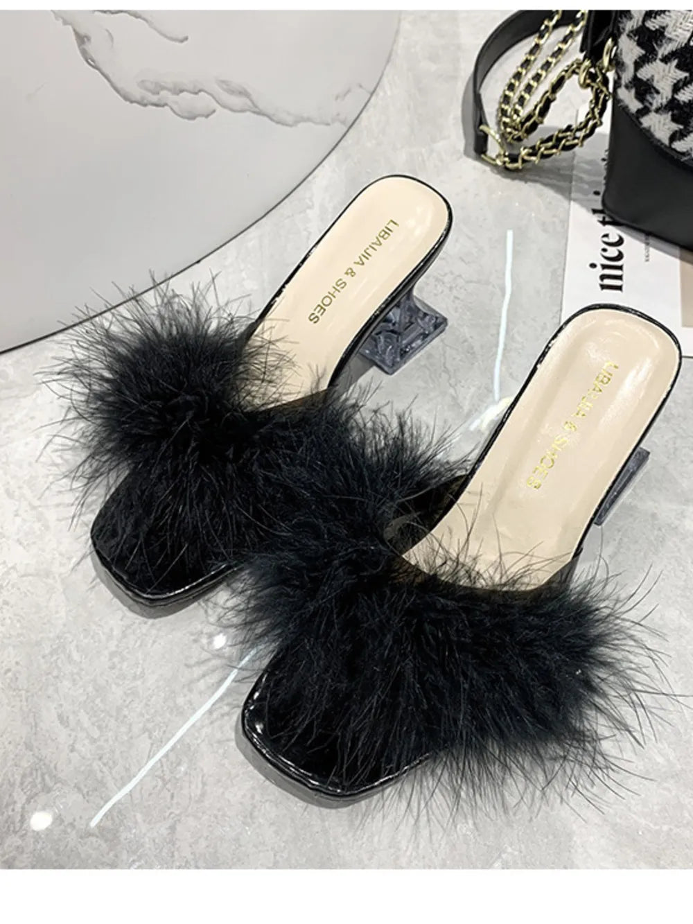 Women's Fluffy Strap Block Heel Sandals – Mid Heel Faux Fur