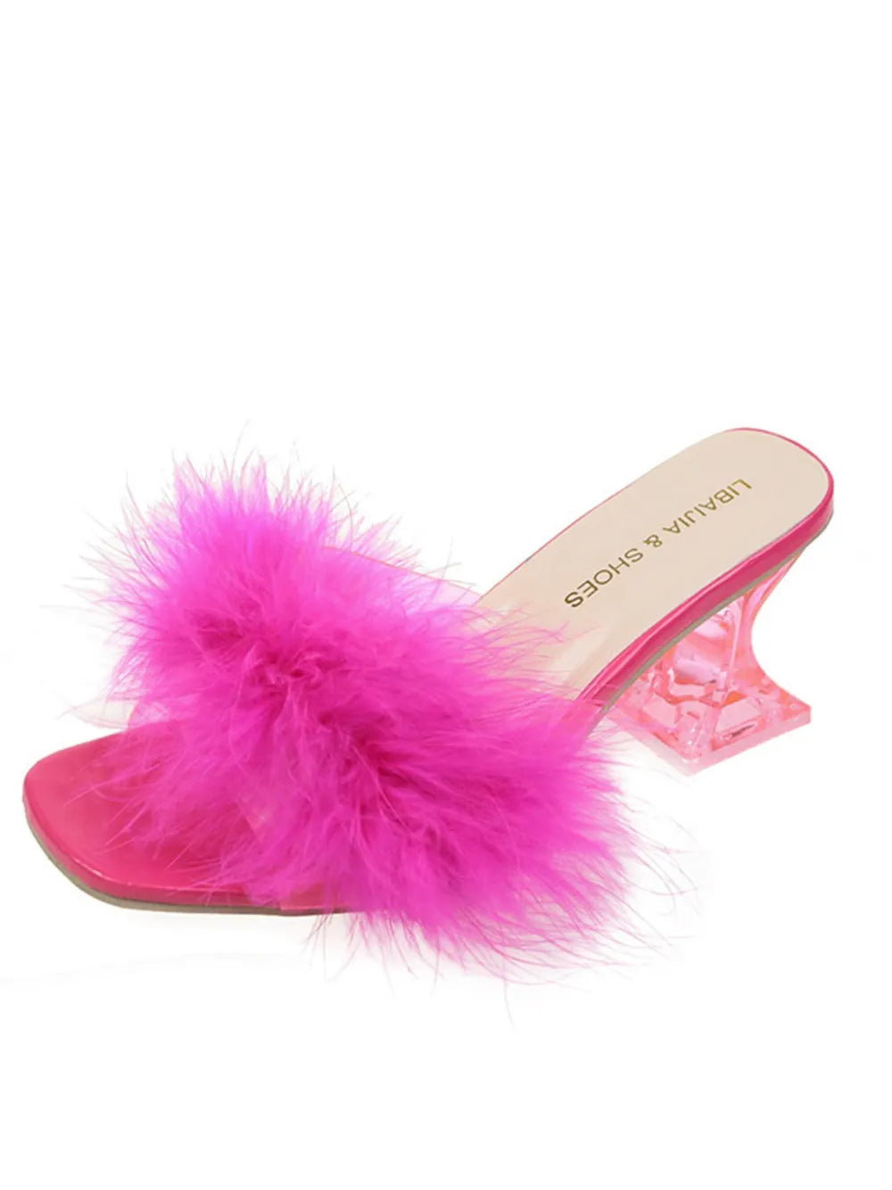 Women's Fluffy Strap Block Heel Sandals – Mid Heel Faux Fur