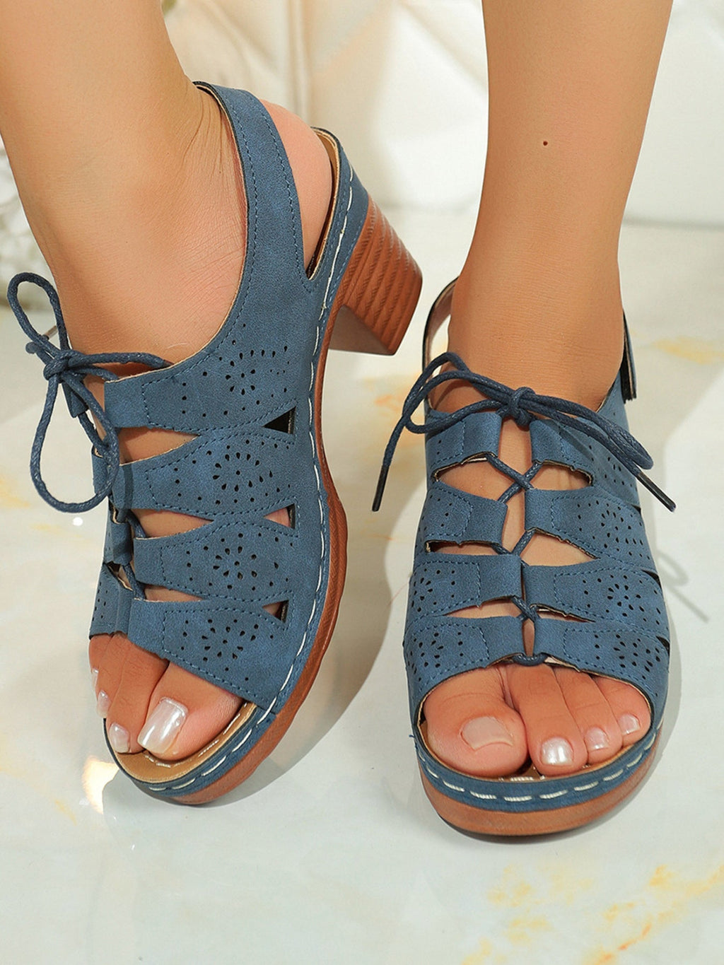 Women's Lace-Up Block Heel Sandals – High Heel PU Leather