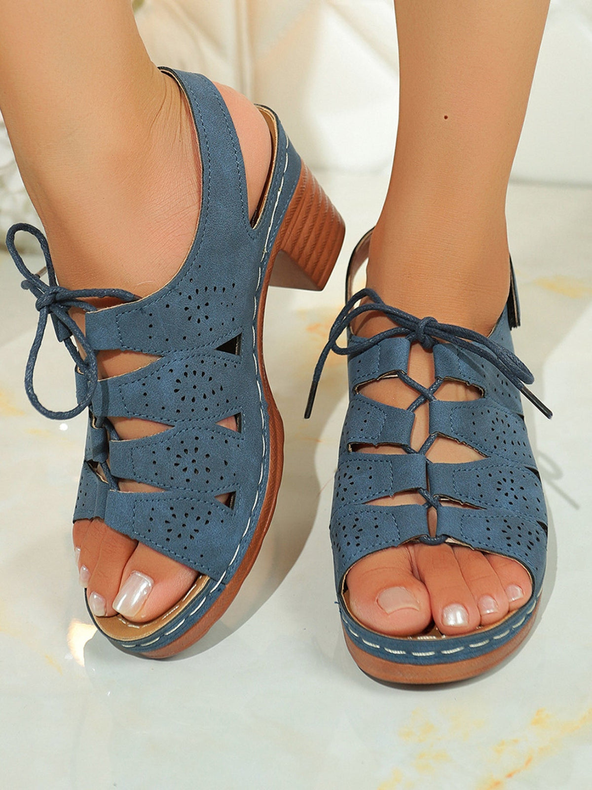 Women's Lace-Up Block Heel Sandals – High Heel PU Leather