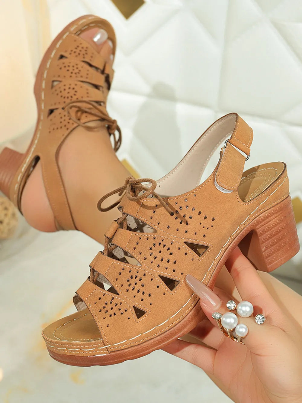 Women's Lace-Up Block Heel Sandals – High Heel PU Leather